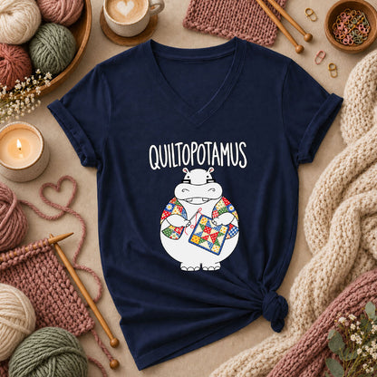 Quiltopotamus Hippo Women's V-Neck - Navy
