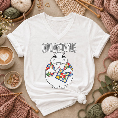 Quiltopotamus Hippo Women's V-Neck - White