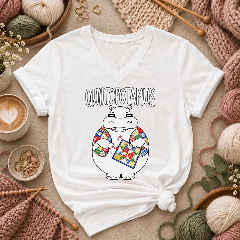 Quiltopotamus Hippo Women's V-Neck - White