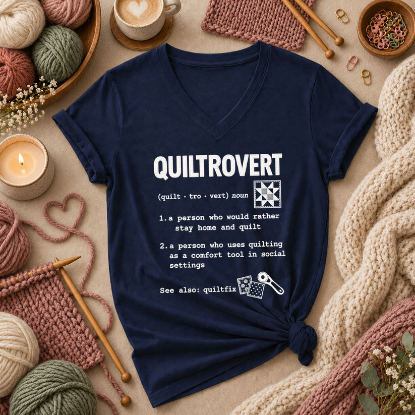 Quiltrovert Definition Quilt Block Women's V-Neck - Navy