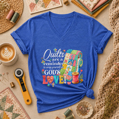 Quilts Are A Reminder Of Gods Love Women's V-Neck - Heather True Royal