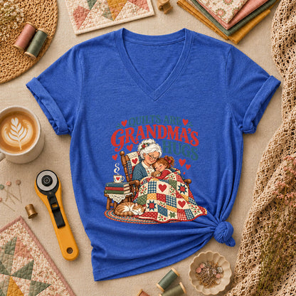 Quilts Are Grandma's Hugs Women's V-Neck - Heather True Royal
