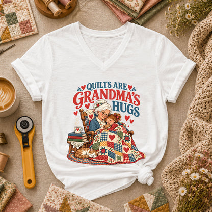 Quilts Are Grandma's Hugs Women's V-Neck - White