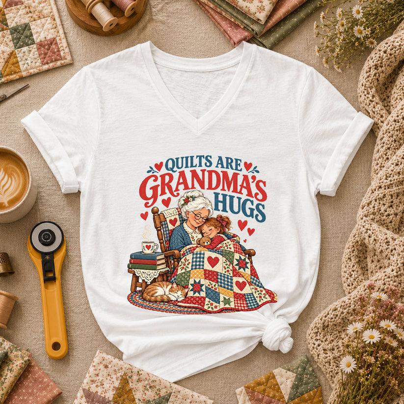 Quilts Are Grandma's Hugs Women's V-Neck - White