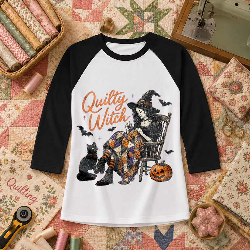 Quilty Witch Halloween Quilter Raglan Sleeve - Black
