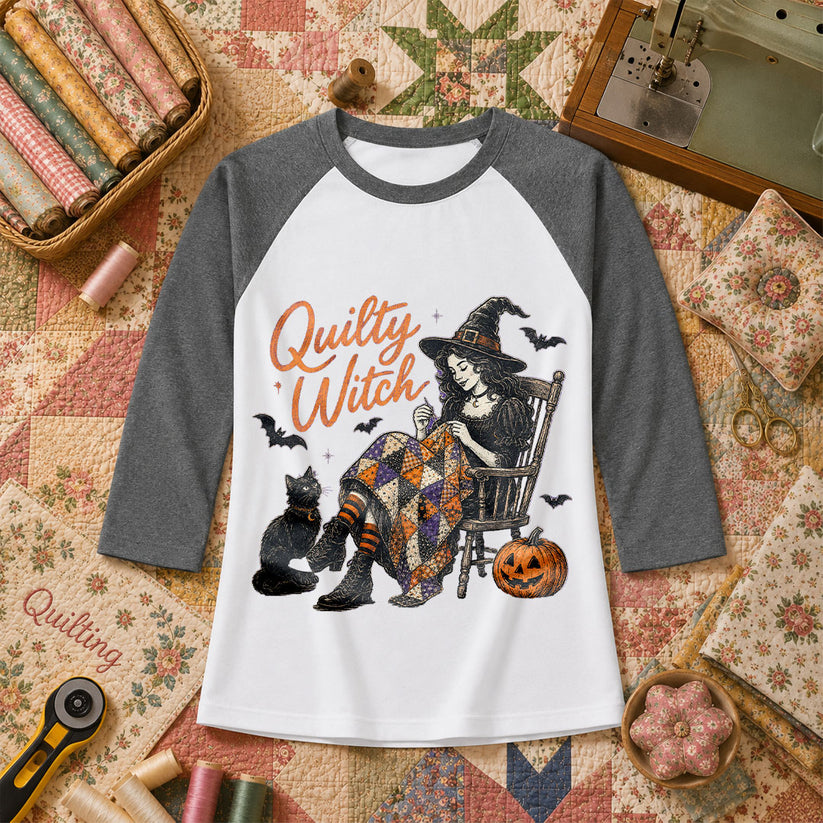 Quilty Witch Halloween Quilter Raglan Sleeve - Deep Heather