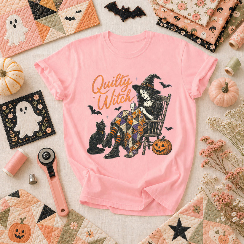 Quilty Witch Halloween Quilter T-Shirt - Pink