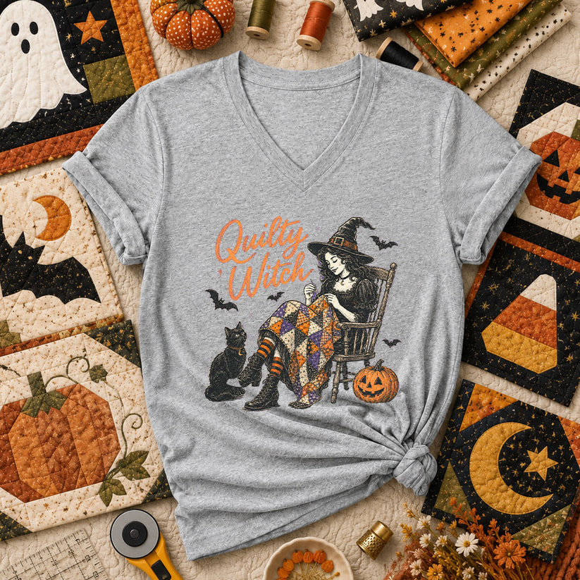 Quilty Witch Halloween Quilter Women's V-Neck - Athletic Heather