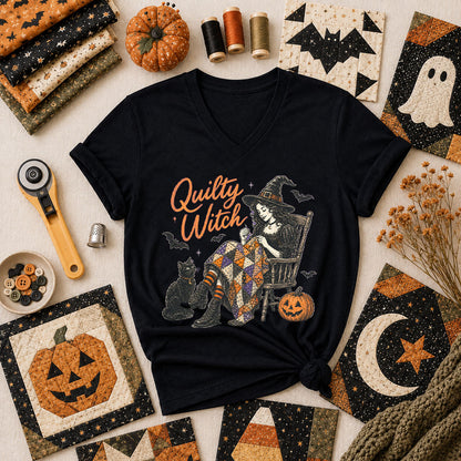 Quilty Witch Halloween Quilter Women's V-Neck - Black