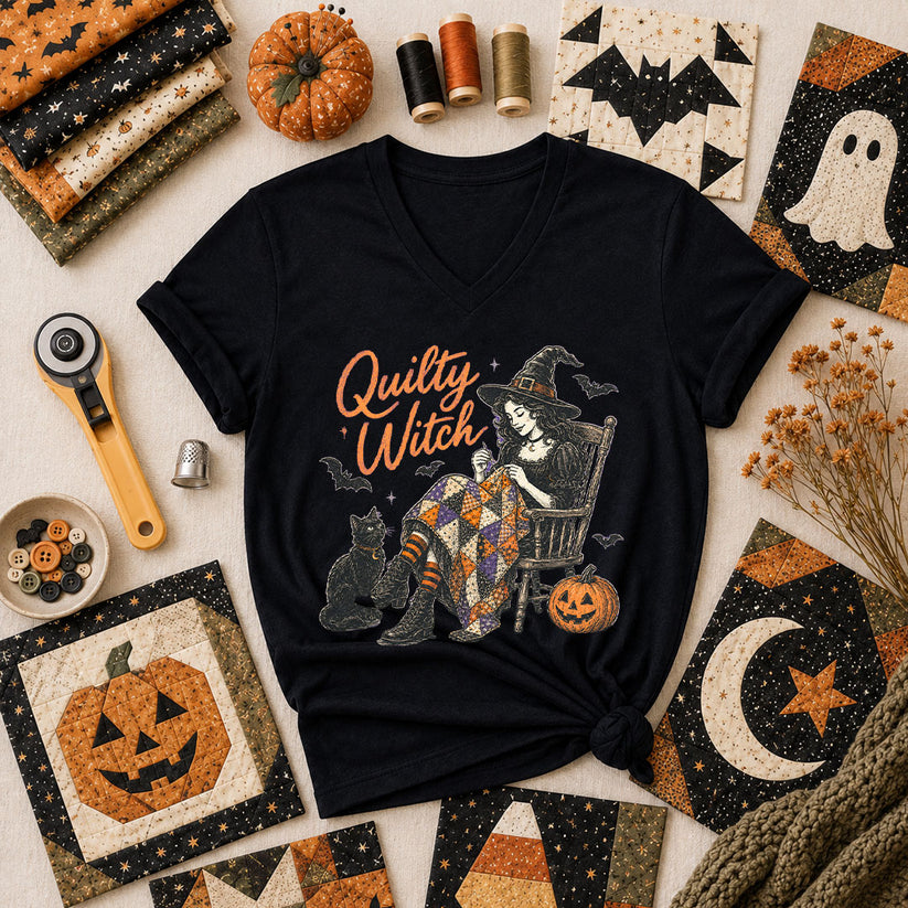 Quilty Witch Halloween Quilter Women's V-Neck - Black