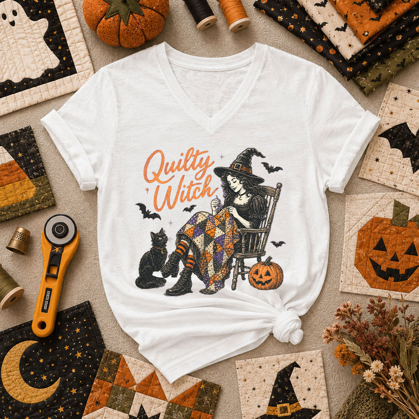 Quilty Witch Halloween Quilter Women's V-Neck - White