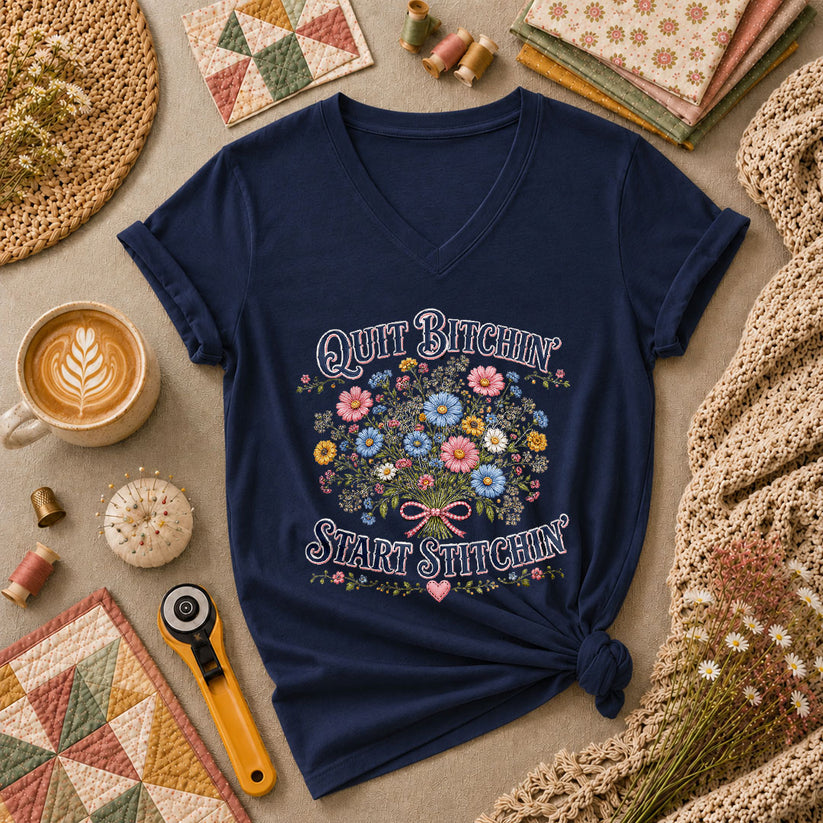 Quit Bitchin Start Stitchin Wildflower Bouquet Women's V-Neck - Navy