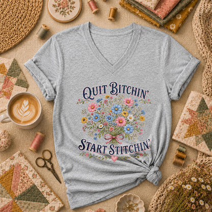 Quit Bitchin Start Stitchin Wildflower Bouquet Women's V-Neck - Sport Grey