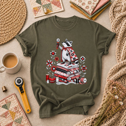 Raccoon Quilter Rotary Cutter Fabric Stack T-Shirt - Military Green