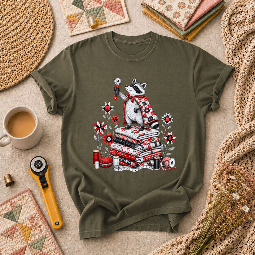 Raccoon Quilter Rotary Cutter Fabric Stack T-Shirt - Military Green