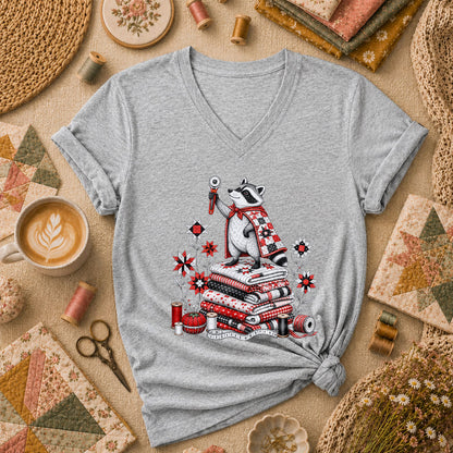 Raccoon Quilter Rotary Cutter Fabric Stack Women's V-Neck - Athletic Heather