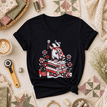 Raccoon Quilter Rotary Cutter Fabric Stack Women's V-Neck - Black