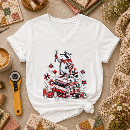 Raccoon Quilter Rotary Cutter Fabric Stack Women's V-Neck - White