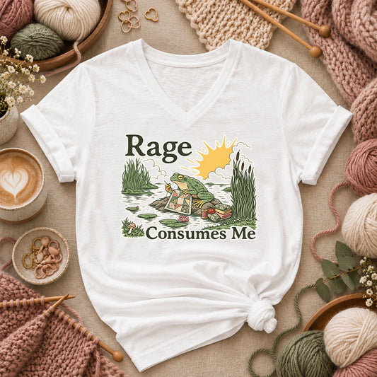 Rage Consumes Me Frog Quilting Women's V-Neck - White