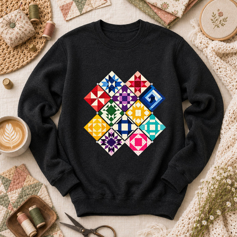 Rainbow Quilt Blocks Diamond Grid Long Sleeve - Black
