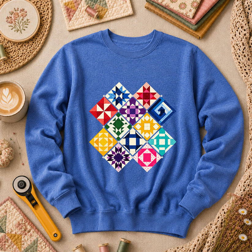 Rainbow Quilt Blocks Diamond Grid Long Sleeve - Heather True Royal