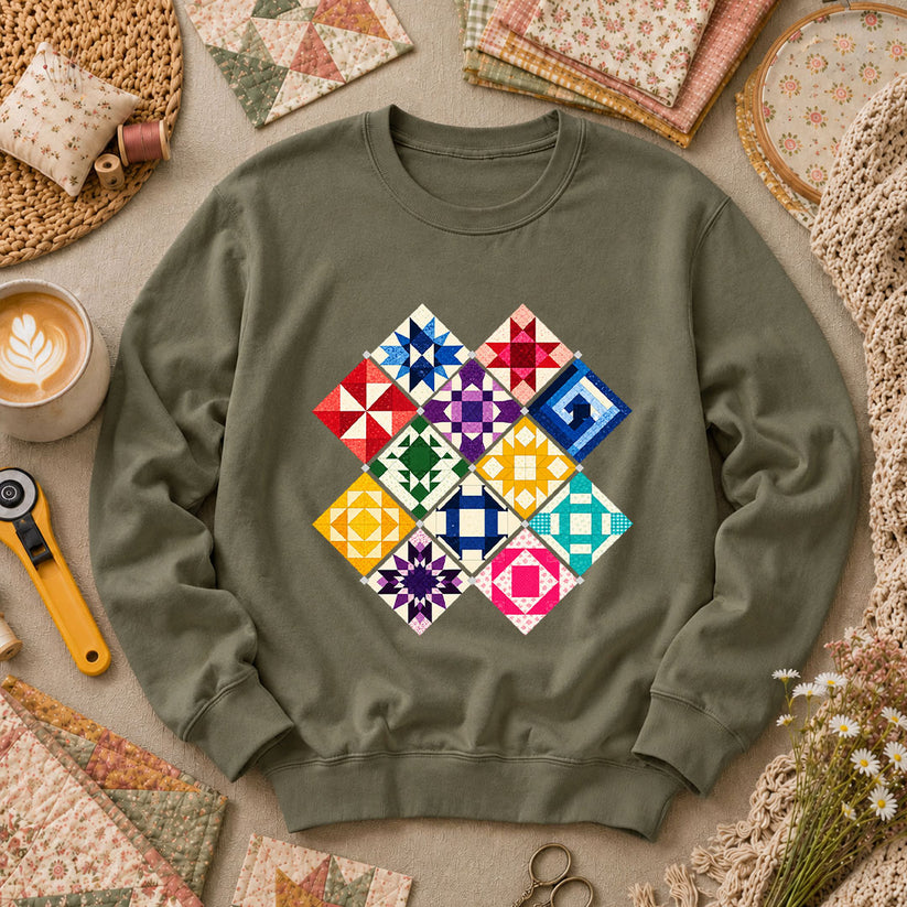 Rainbow Quilt Blocks Diamond Grid Long Sleeve - Military Green