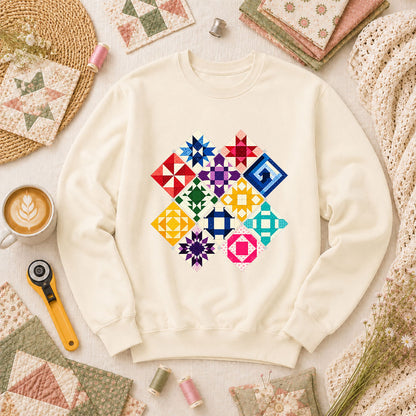Rainbow Quilt Blocks Diamond Grid Long Sleeve - Natural