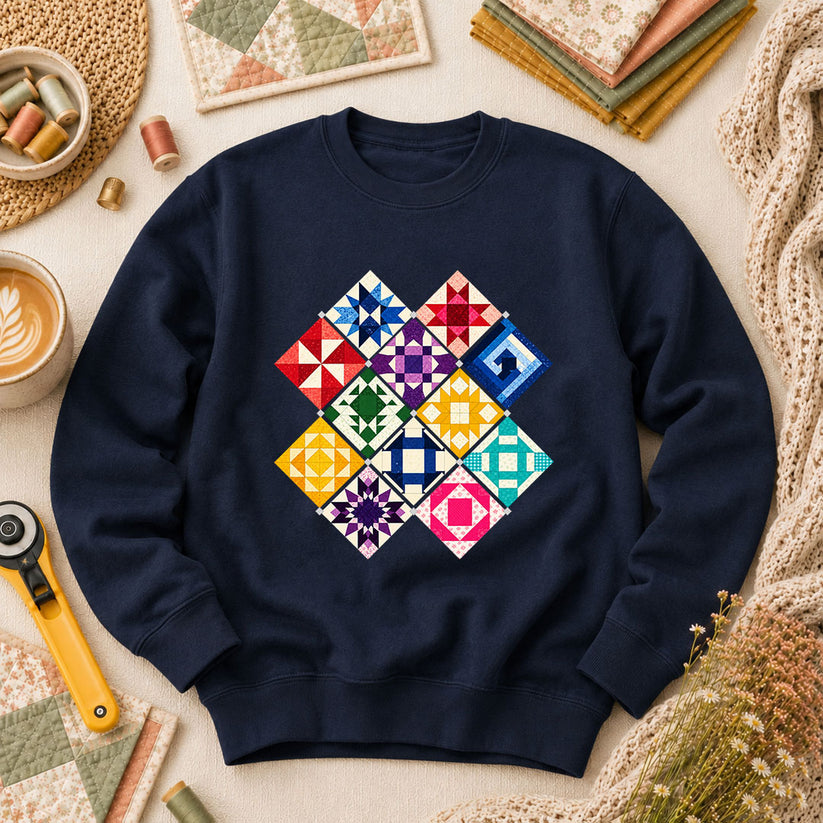 Rainbow Quilt Blocks Diamond Grid Long Sleeve - Navy
