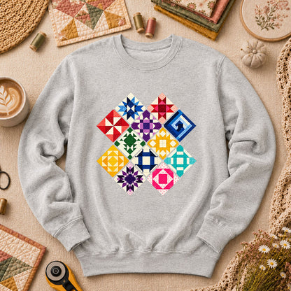 Rainbow Quilt Blocks Diamond Grid Long Sleeve - Sport Grey