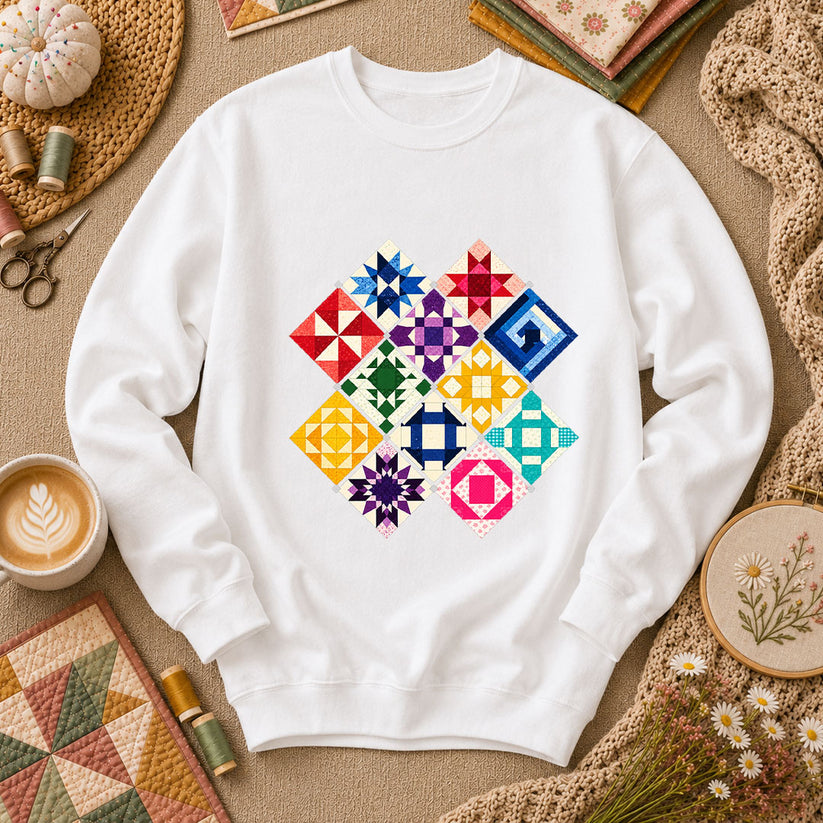 Rainbow Quilt Blocks Diamond Grid Long Sleeve - White