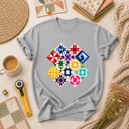 Rainbow Quilt Blocks Diamond Grid T-Shirt - Athletic Heather