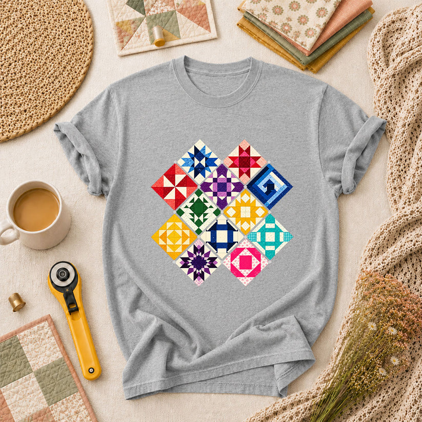 Rainbow Quilt Blocks Diamond Grid T-Shirt - Athletic Heather