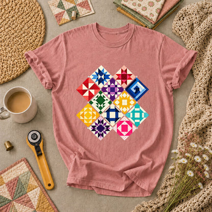 Rainbow Quilt Blocks Diamond Grid T-Shirt - Heather Mauve