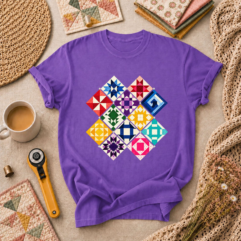Rainbow Quilt Blocks Diamond Grid T-Shirt - Heather Team Purple