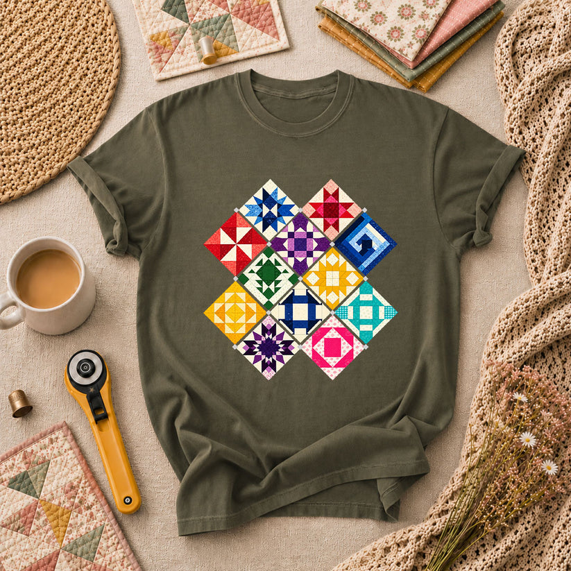 Rainbow Quilt Blocks Diamond Grid T-Shirt - Military Green