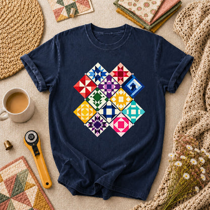 Rainbow Quilt Blocks Diamond Grid T-Shirt - Navy