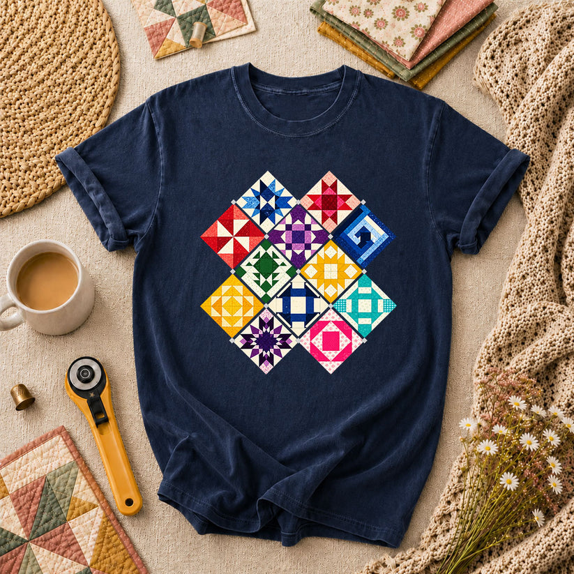 Rainbow Quilt Blocks Diamond Grid T-Shirt - Navy