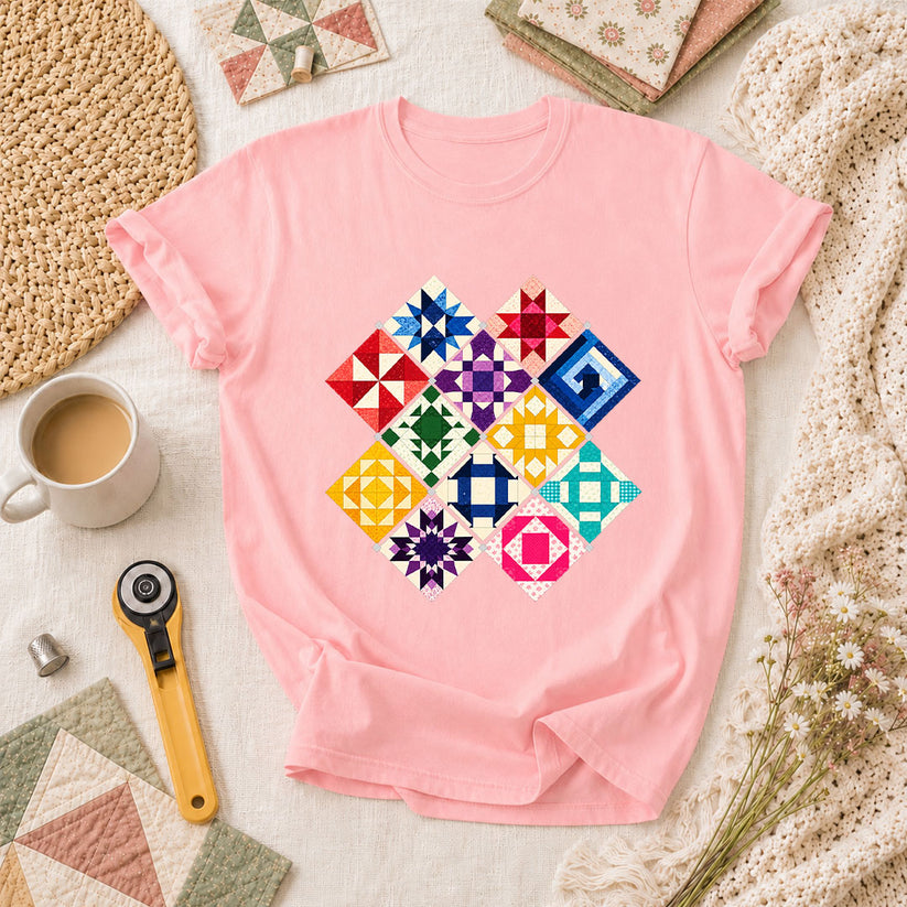 Rainbow Quilt Blocks Diamond Grid T-Shirt - Pink