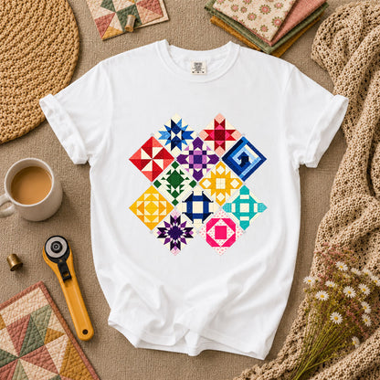 Rainbow Quilt Blocks Diamond Grid T-Shirt - White