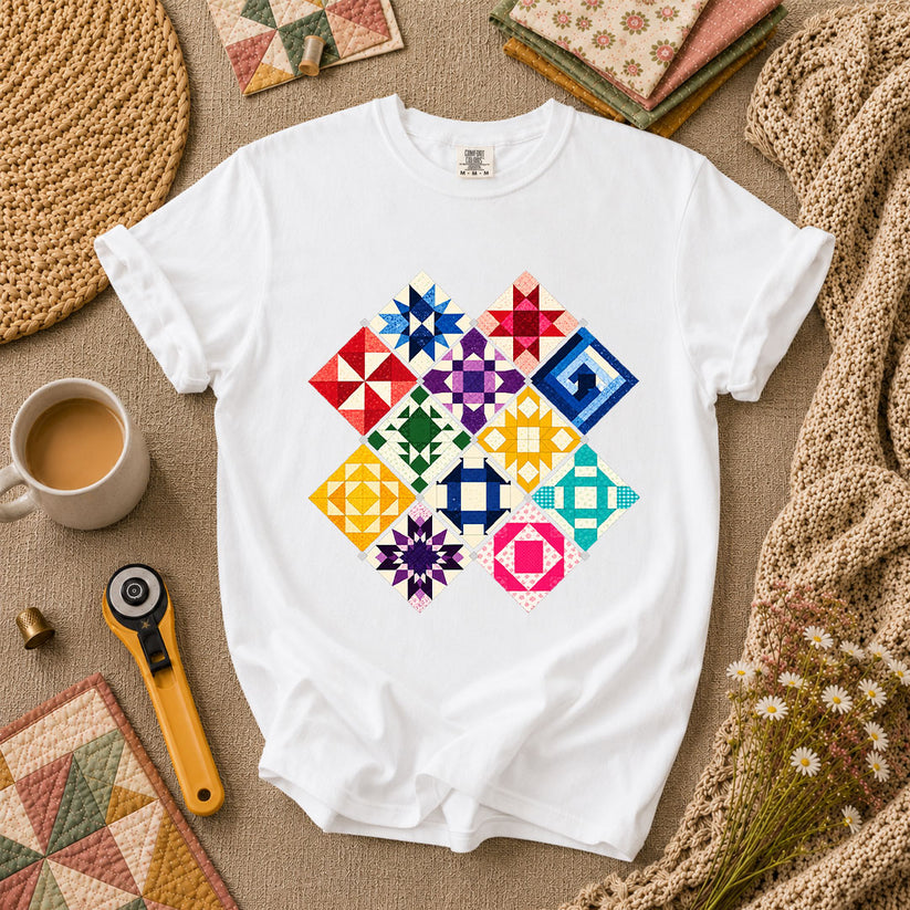 Rainbow Quilt Blocks Diamond Grid T-Shirt - White