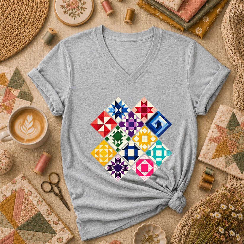 Rainbow Quilt Blocks Diamond Grid Women's V-Neck - Athletic Heather