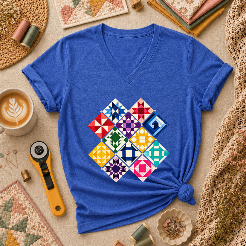 Rainbow Quilt Blocks Diamond Grid Women's V-Neck - Heather True Royal