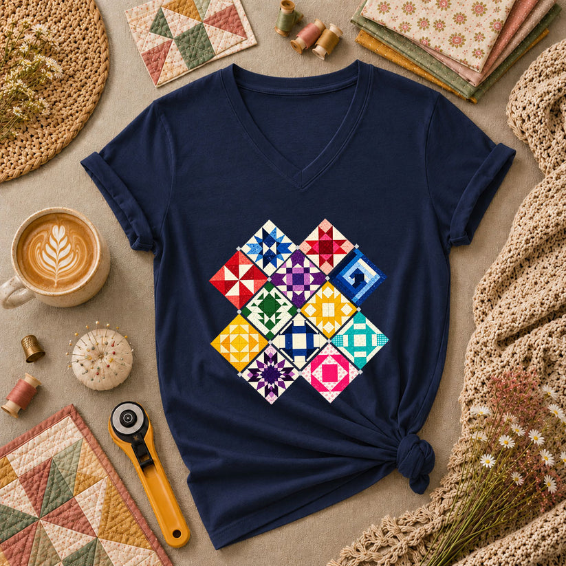 Rainbow Quilt Blocks Diamond Grid Women's V-Neck - Navy