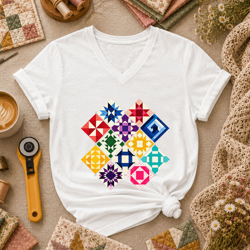 Rainbow Quilt Blocks Diamond Grid Women's V-Neck - White