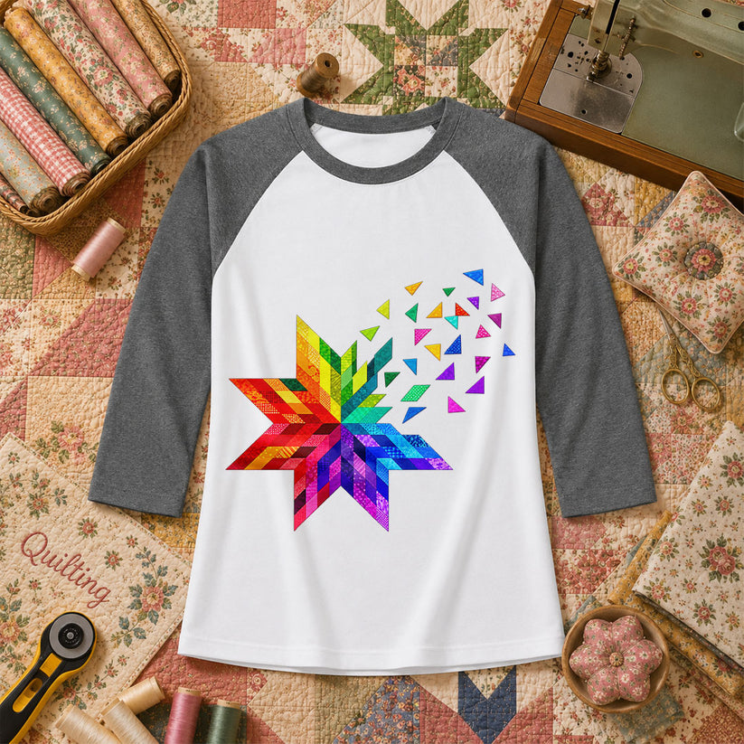 Rainbow Quilt Star Patchwork Pride Raglan Sleeve - Deep Heather