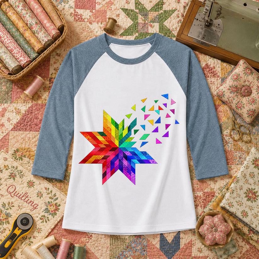 Rainbow Quilt Star Patchwork Pride Raglan Sleeve - Denim