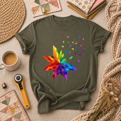 Rainbow Quilt Star Patchwork Pride T-Shirt - Military Green