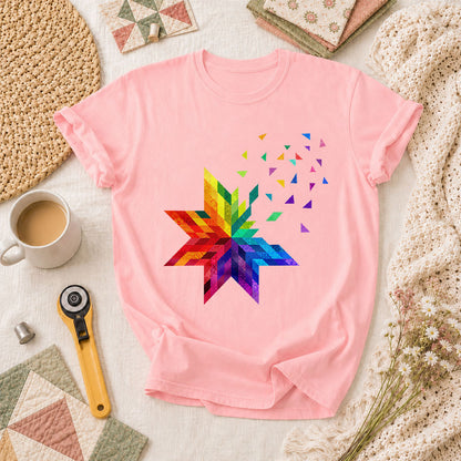 Rainbow Quilt Star Patchwork Pride T-Shirt - Pink
