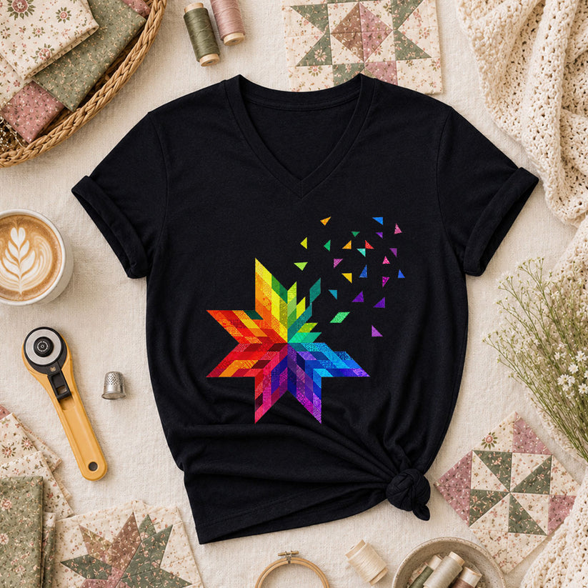 Rainbow Quilt Star Patchwork Pride Women's V-Neck - Black