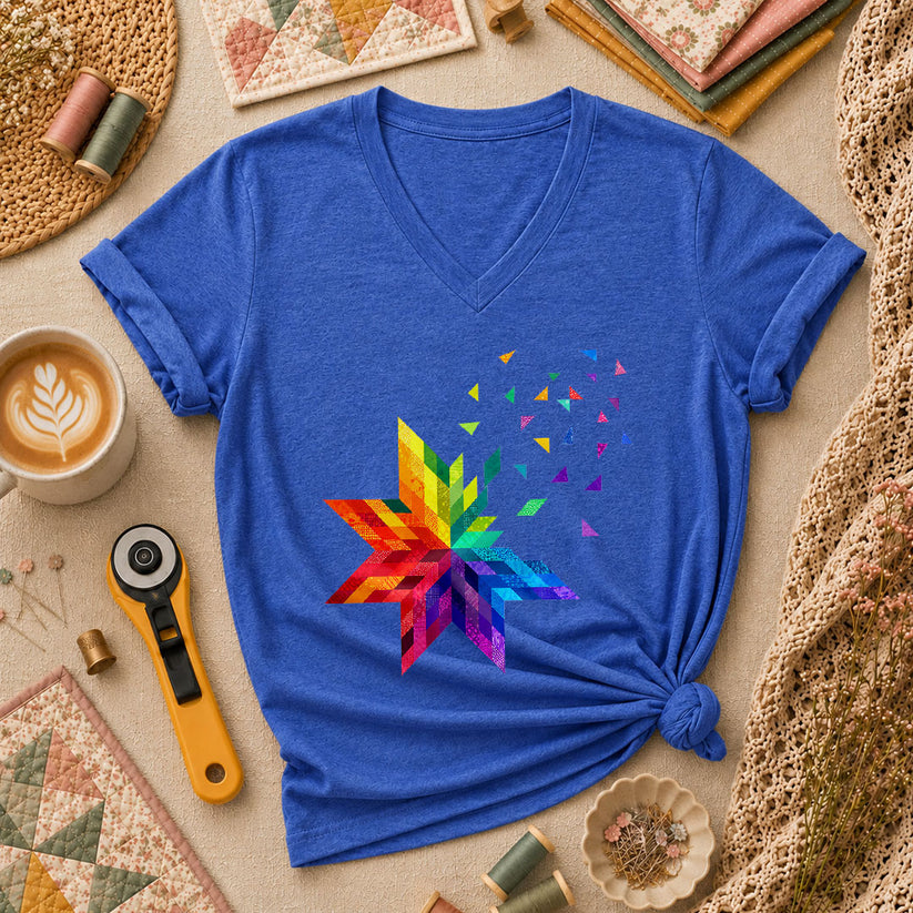Rainbow Quilt Star Patchwork Pride Women's V-Neck - Heather True Royal